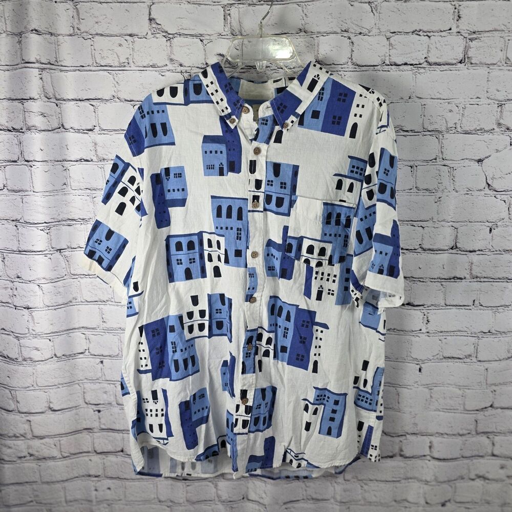 Vintage Weatherproof XXL Linen Shirt Blue White Graphic 90s Style